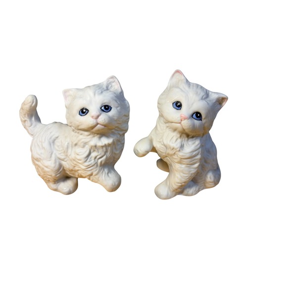 Other - Vintage White Playful Kitten Figurines Set 2 Ceramic Blue Eyes MCM Kitsch Cats